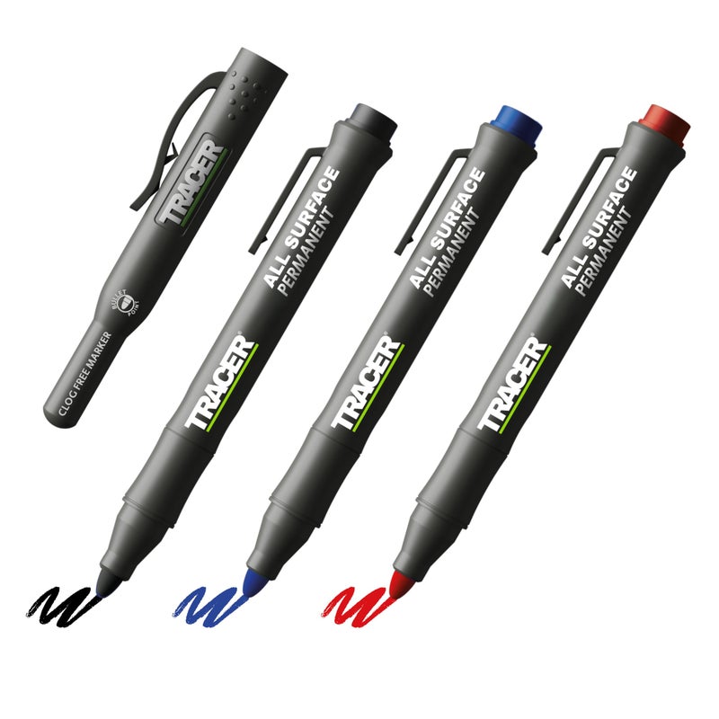 TRACER Clog-Free Construction Marker Kit with Holster for Concrete Marking and Construction applications - perfect for shiny and dusty surfaces - Black, Blue, and Red Construction Pens - Image 1